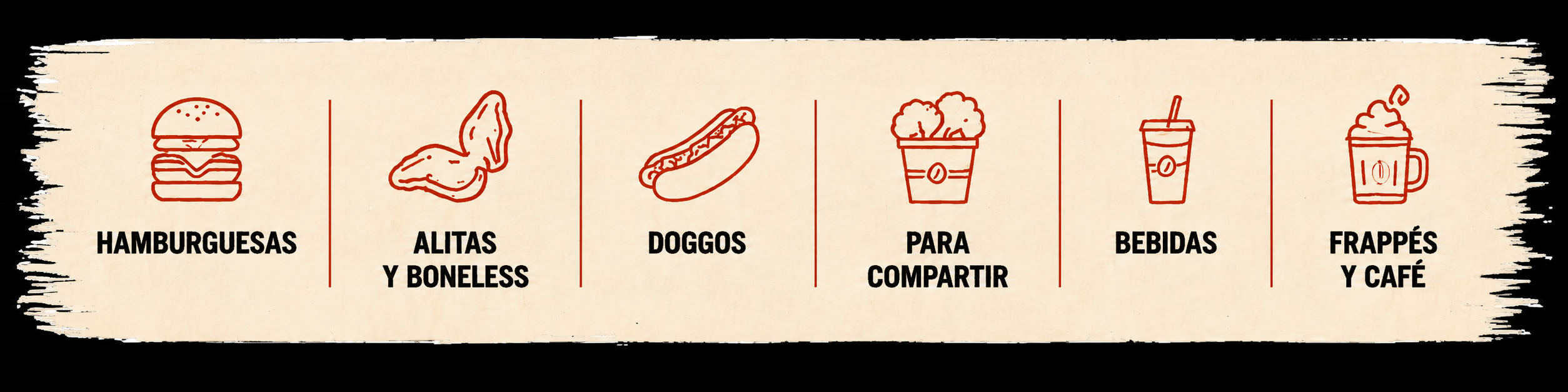 Hamburguesas, alitas y boneless, doggos, para compartir, bebidas, frappés y café